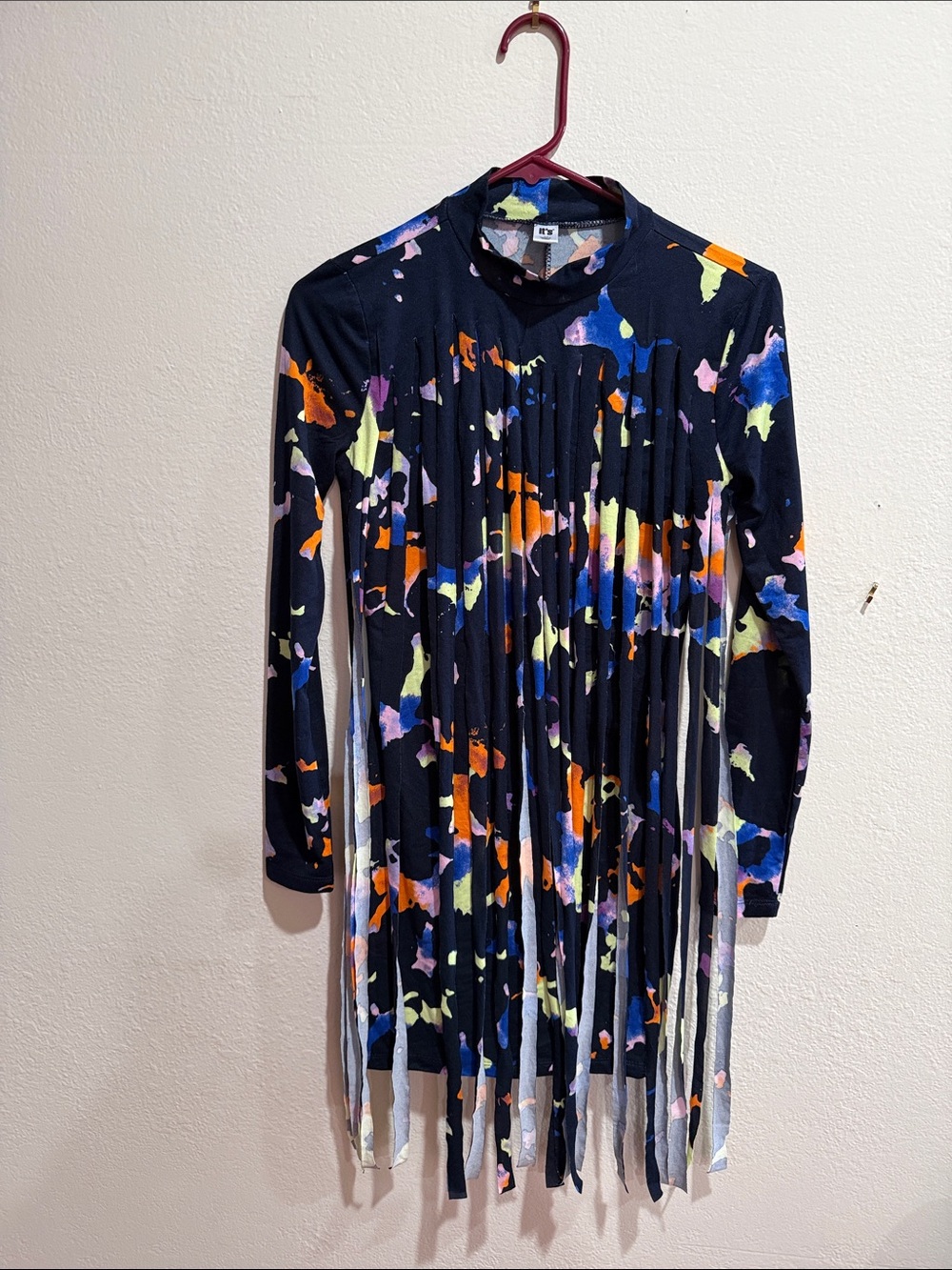 Abstract Splash Pleated Navy dress with Fringe.